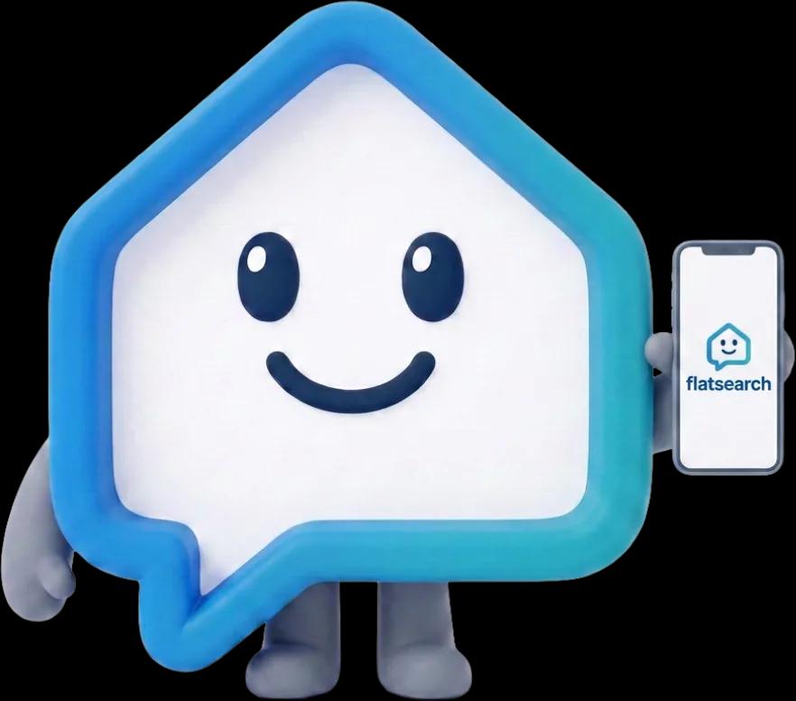 La mascotte Flatsearch mostra un annuncio sullo schermo